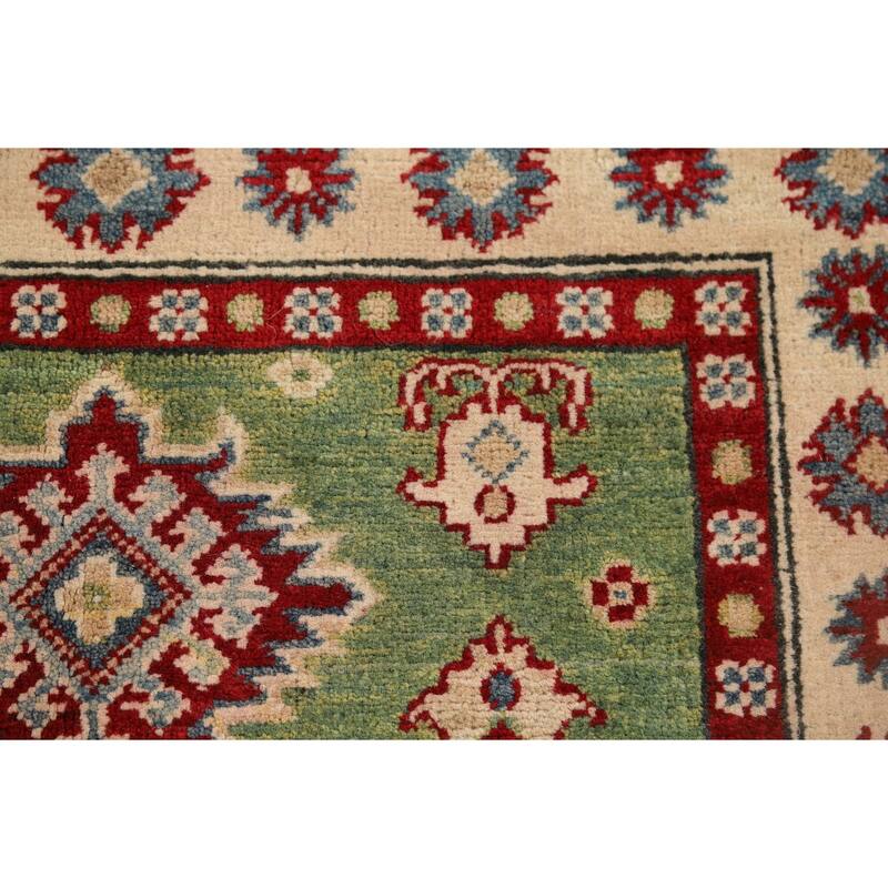 Light Green Geometric Kazak Foyer Rug Hand-Knotted Wool Carpet - 2'10" x 4'2"