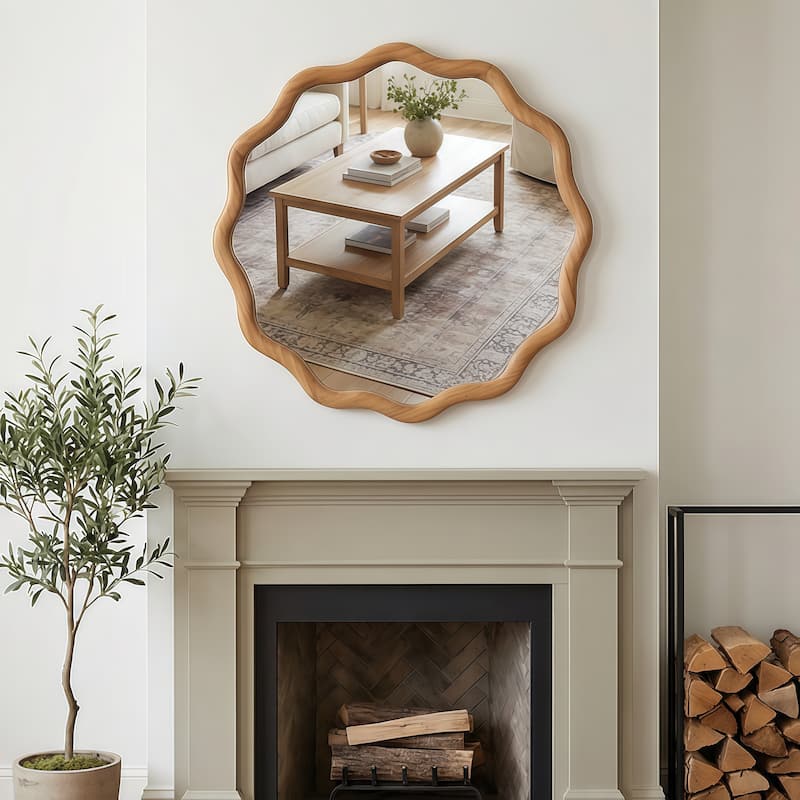 24 inch Wavy Round Solid Wood Frame Decorative Mirror,For Bedroom, Bathroom, Living Room, Entryway