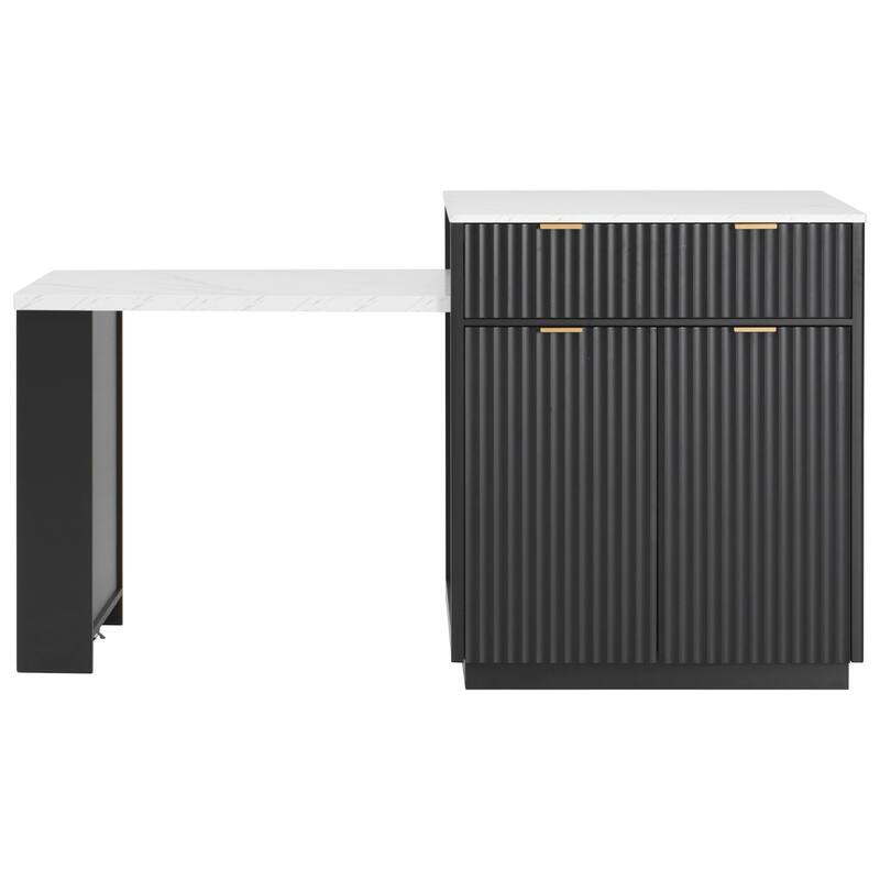 Kitchen Island with Extendable Dining Table & Power Outlet, Kitchen Table with Double-Side Storage, 2 Drawers & 2 Open Shelves