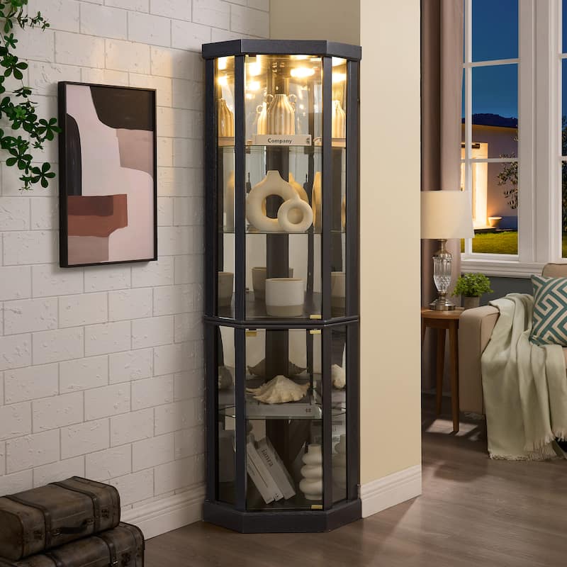 Lighted Corner Curio Cabinet Elegant Glass Display Case for Living Room & Bar Storage for Antique Collections & Wine