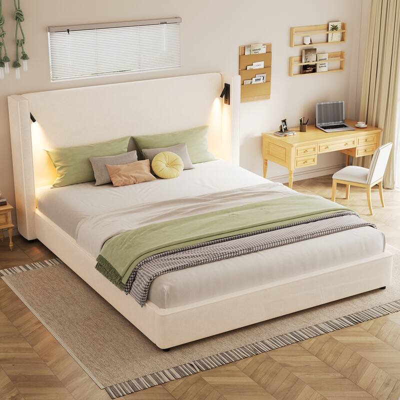Upholstered Bed Frame with High Wingback Headboard Reading Lamp and USB port