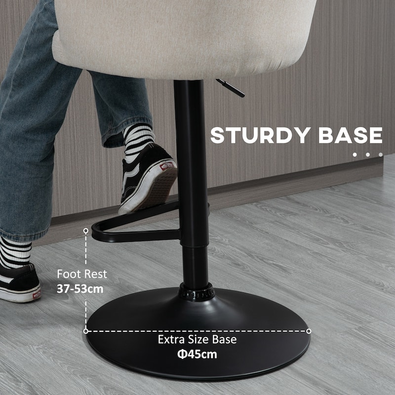 HOMCOM Adjustable Bar Stools Set of 2, Fabric Upholstered Kitchen Stools with Swivel Seat, Steel Frame, Footrest