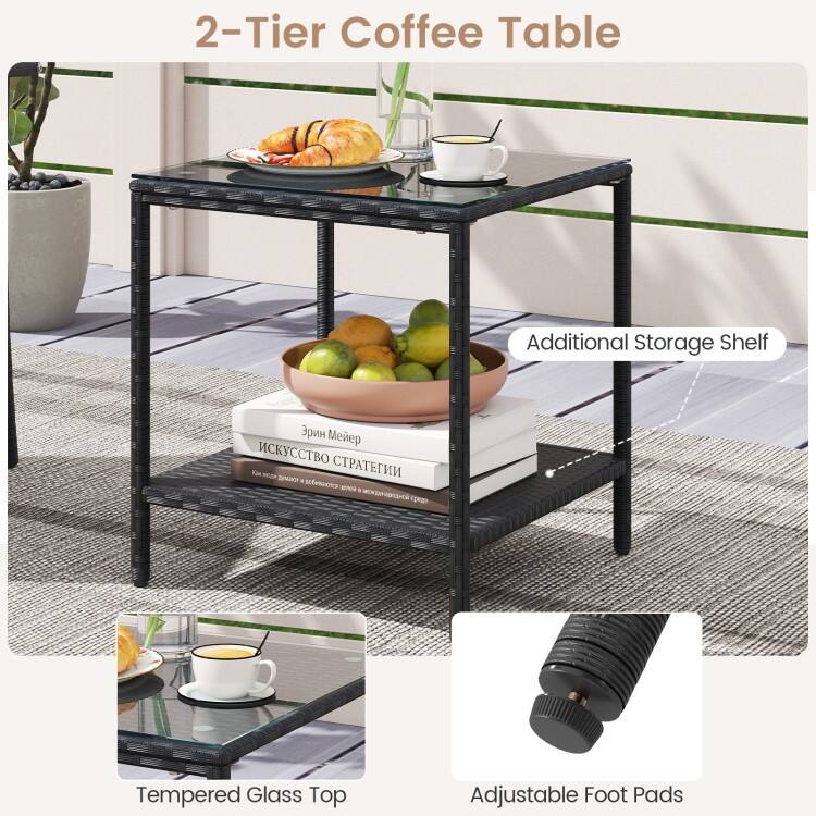 3 Piece Black PE Rattan Patio Set with Metal Frame, Cushions and Glass Table - Chair: 23" x 22.5" x 35"