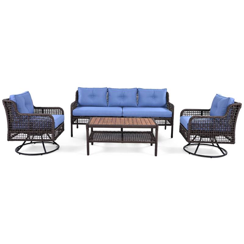 4-Piece Rattan Sectional Conversation Set with 360° Swivel Chairs, 3-Seat Sofa & Wood-Top Coffee Table