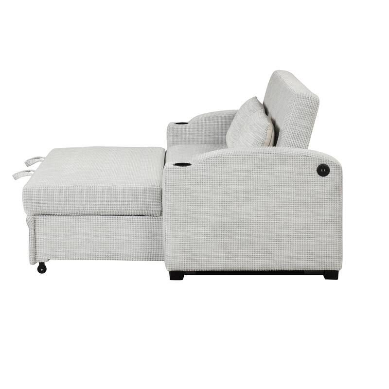 Pull Out Sofa Bed Modern Chenille Convertible Loveseat Sofa With Adjsutable Backrest, 2 Pillows, Cup Holders, Usb Ports