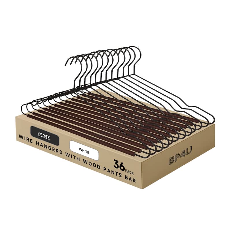 BP4U Heavy Duty Metal Clothes Hangers with Pants Bar, Wire Hangers with Beech Wood Trouser Bar for Sweaters, Jackets, Jeans - 36-Pack - Black/Walnut