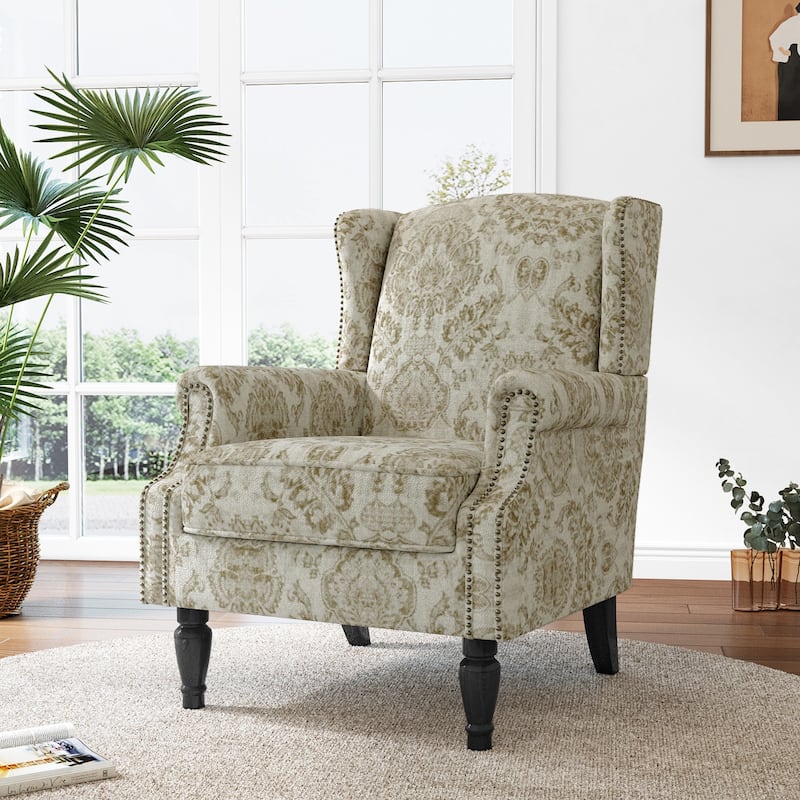 Mid-Century Modern Linen/ Vegan Leather Wing Back Accent Chair