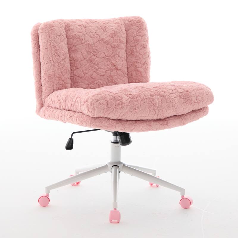 Roomfitters Wide Faux Fur Office Chair, Adjustable Swivel Desk Chair with White Metal Base, Cozy Upholstered Vanity Chair