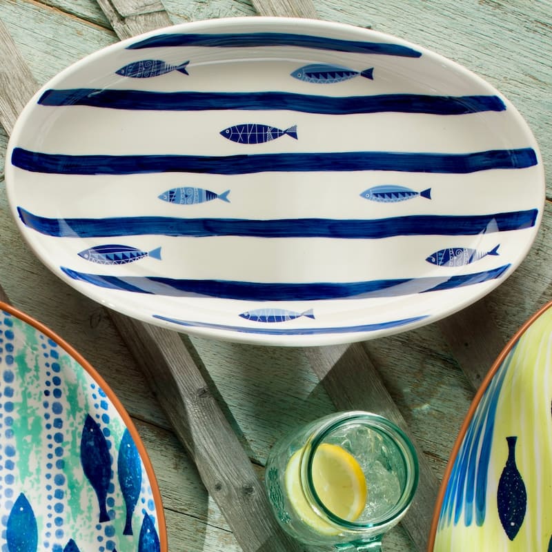 Euro Ceramica Mediterranean Sea Fish 15'' Oval Serving Bowl