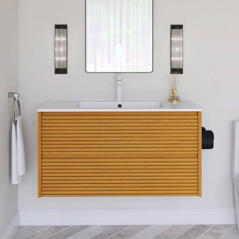 Wall-Mounted Bathroom Vanity with White Ceramic Sink - 35.83'' x 18.31'' x 20.4'' - Oak