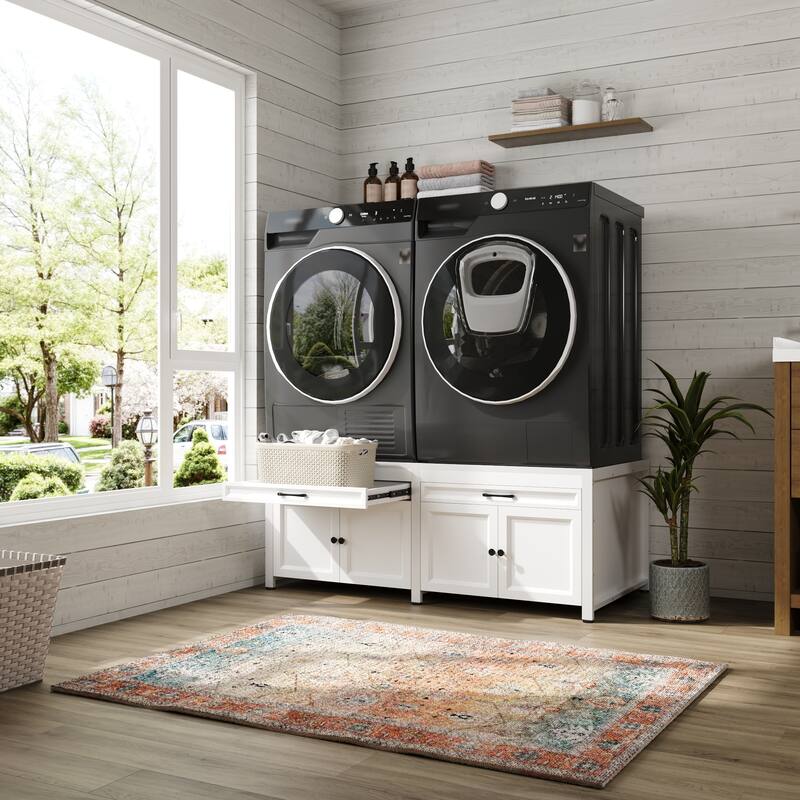 Versatile White Washer Cabinet & Bathroom Cabinet：Spacious Countertop and Storage