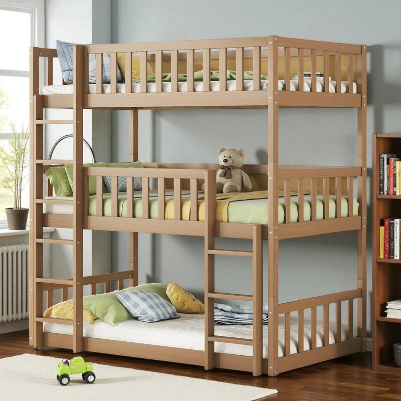 Twin Over Twin Over Twin Rubber Wood Triple Bunk Bed with Guardrails and Ladders, Detachable Convertible Triple Twin Bed Frame