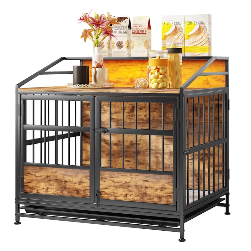 2 Doors Multi-Function Furniture Dog Crates with Adjustable Footrest, Wooden Dog Kennel with Pull-Out Tray