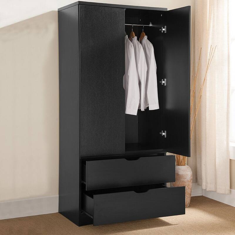 Tall MDF Wardrobe Closet With Drawers Doors And Hanging Rod
