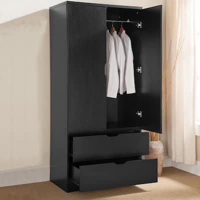 Tall MDF Wardrobe Closet With Drawers Doors And Hanging Rod