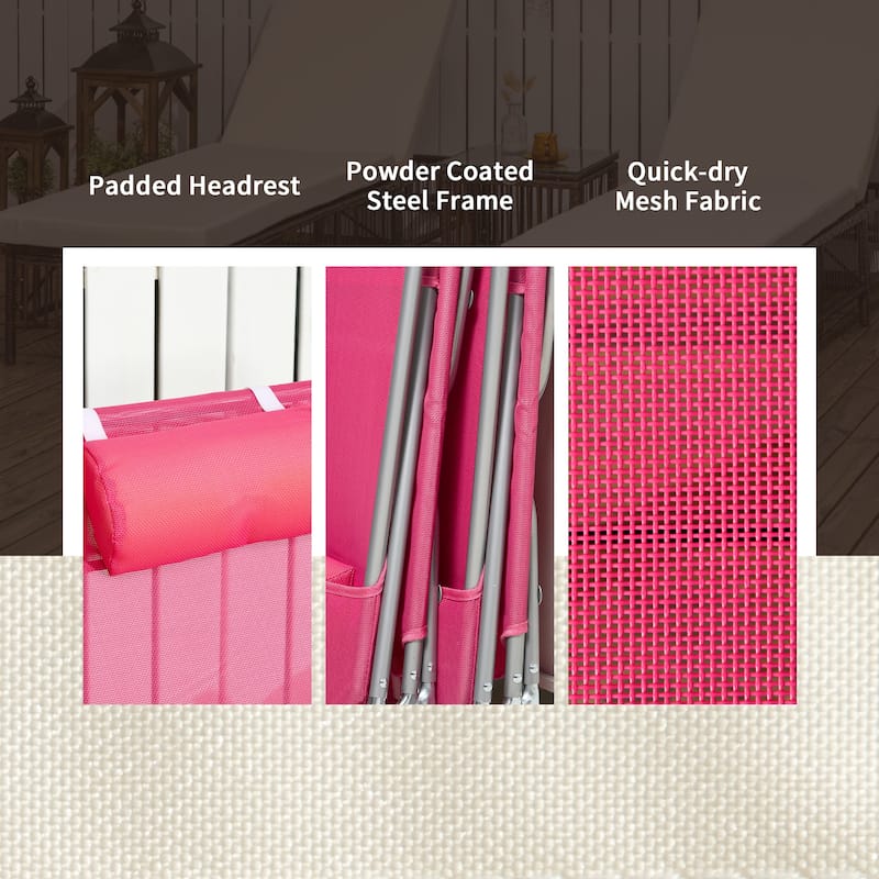 Outsunny Folding Chaise Lounge Pool Chairs, Set of 2 Outdoor Sun Tanning Chairs with Pillow, Six-Position Reclining Back