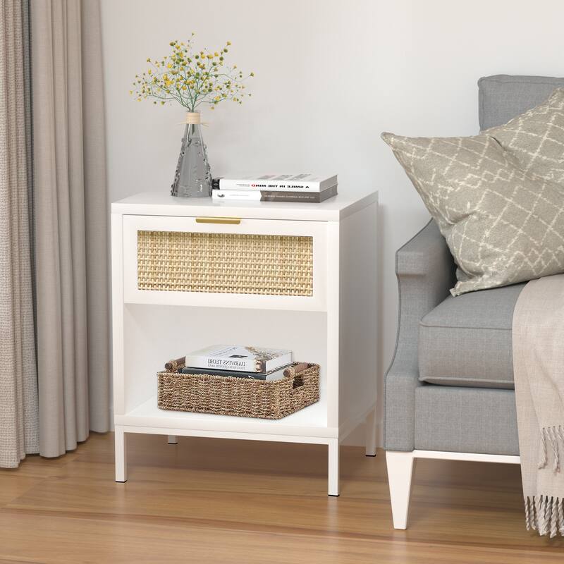 Anmytek Mid-Century Modern 1-Drawer White Nightstand Wood Bedside Table with Storage Shelf for Bedroom
