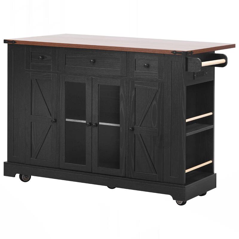 Kitchen Island with Two Tempered Glass Cabinet Doors, Power Outlet, Rolling Kitchen Cart on Wheels with Drop Leaf
