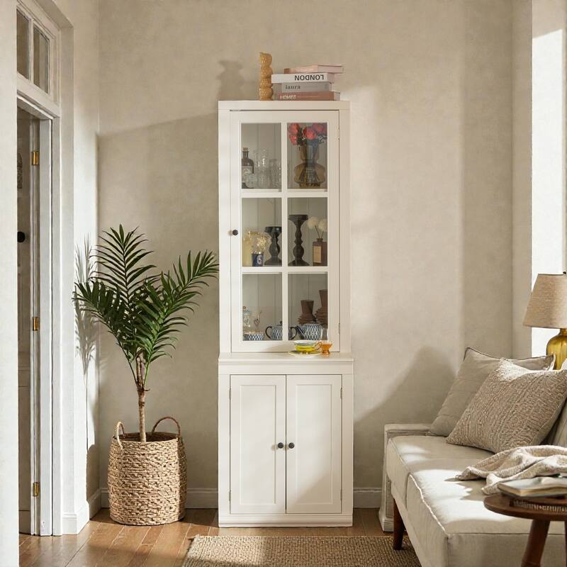 75.25'' Tall Farmhouse Pantry Cabinet with Glass Door & Lattice Window, Freestanding Hutch with Adjustable Shelves