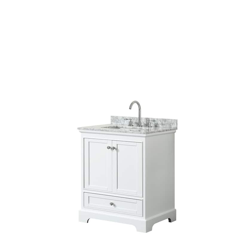 Deborah 30-inch Single Vanity, Square Sink, No Mirror - White, Chrome Trim, White Carrara Marble Top