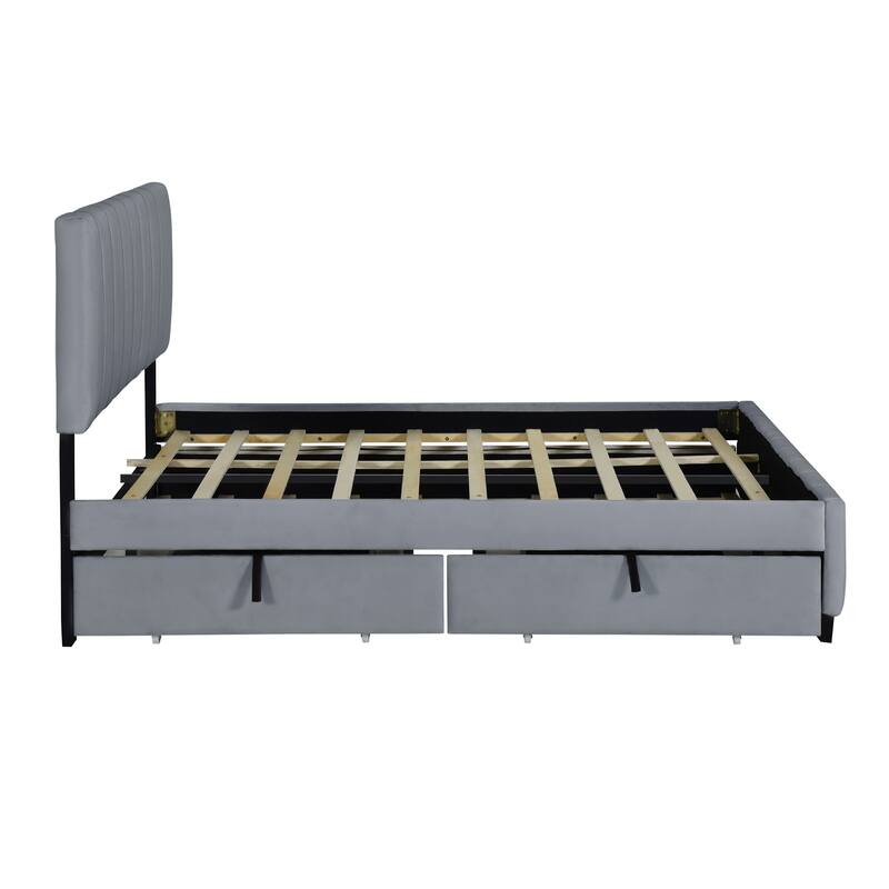 Queen Size Velvet Upholstered Platform Bed with Twin XL Trundle, 2 Storage Drawers & Tufted Headboard