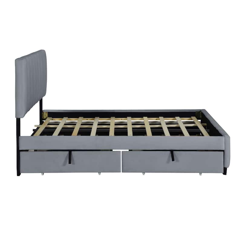 Queen Velvet Upholstered Platform Bed with Drawers & Trundle