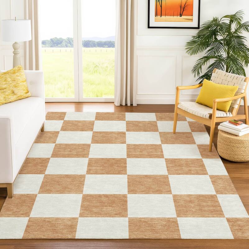 Machine Washable Indoor/ Outdoor Modern Checker Chantille Rug