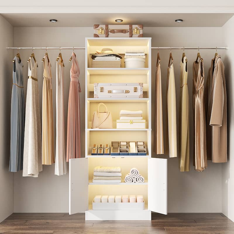 Rackcog 25'' - 104'' W Closet Organizer with Hanging Rods, Closet System with Cabinet and Adjustable Shelves