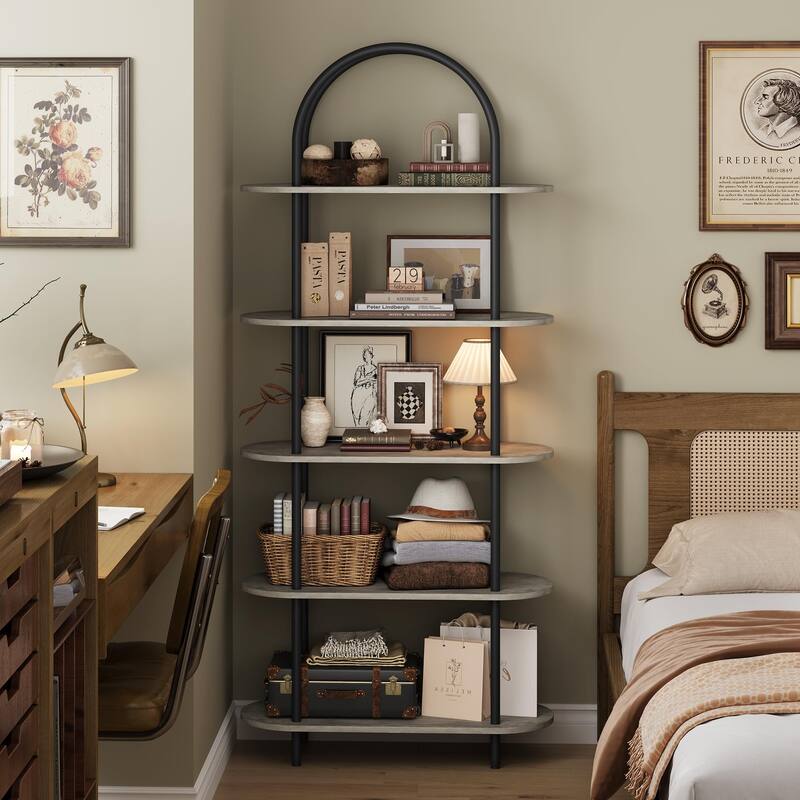 71" Bookshelf 5 Tier Bookcase Arched Display Racks Tall Bookshelf Freestanding Open Storage Shelf - Black + Graphite Gray