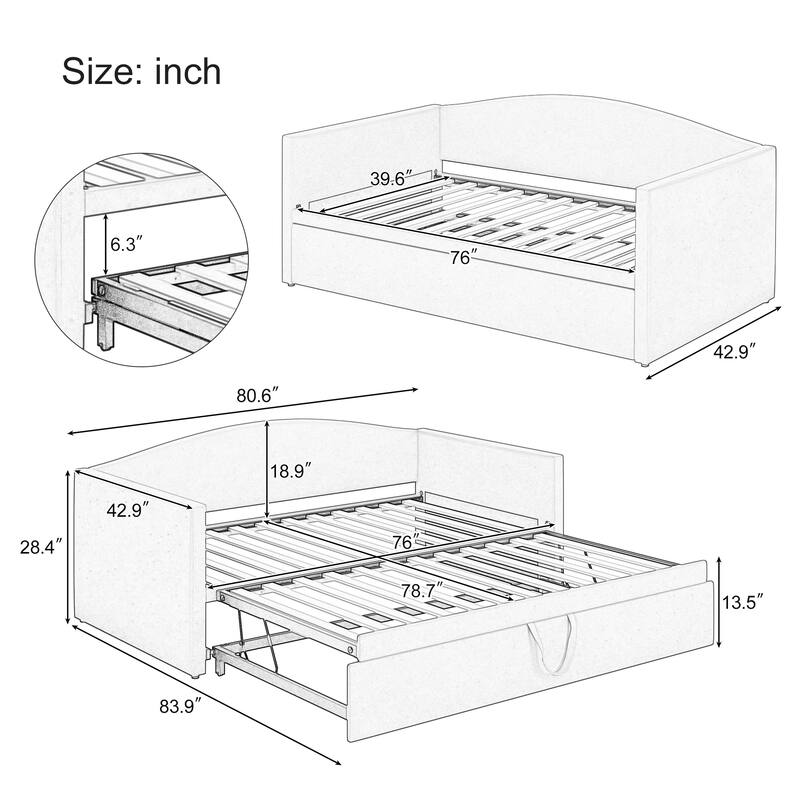 Twin Size Velvet Upholstered Daybed with Extended Pop Up Trundle Bed Convertible King Sofa Bed Frame, Space-Saving Twin to King