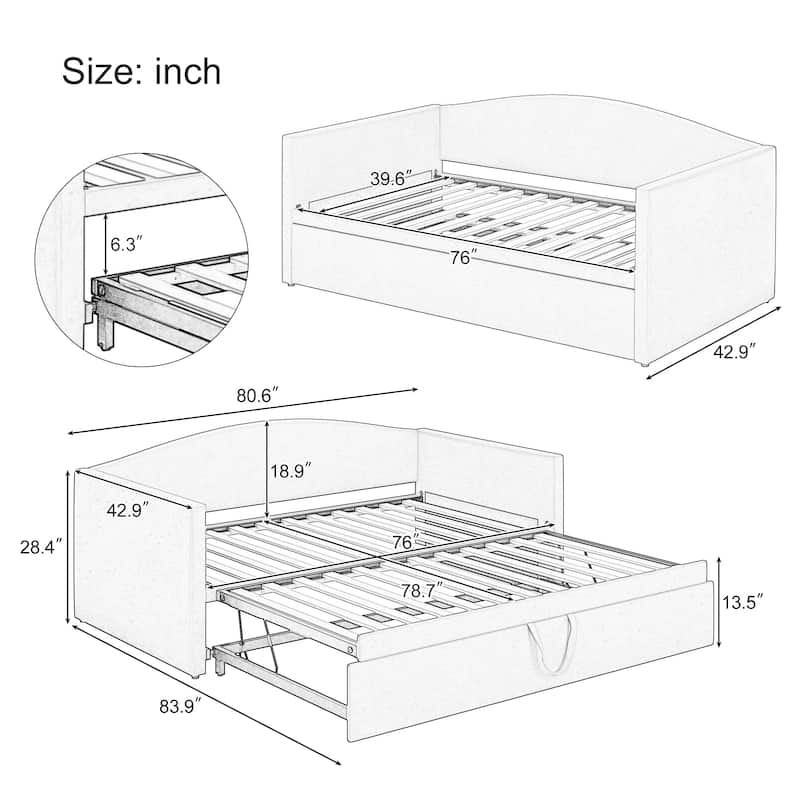 Velvet Upholstered Daybed Twin Size Sofa Bed with Extended Pop Up Trundle and Curved Backrest, Space-Saving Twin to King Design