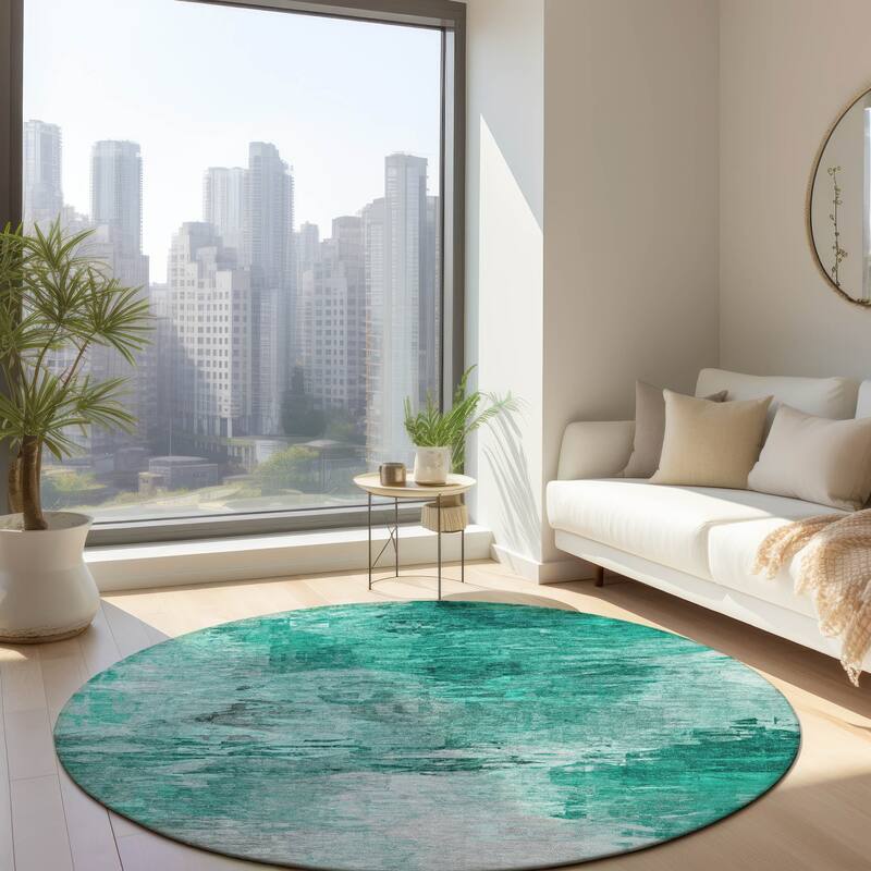 Machine Washable Indoor/ Outdoor Chantille Abstract Ombre Rug - Teal - 8' x 8'
