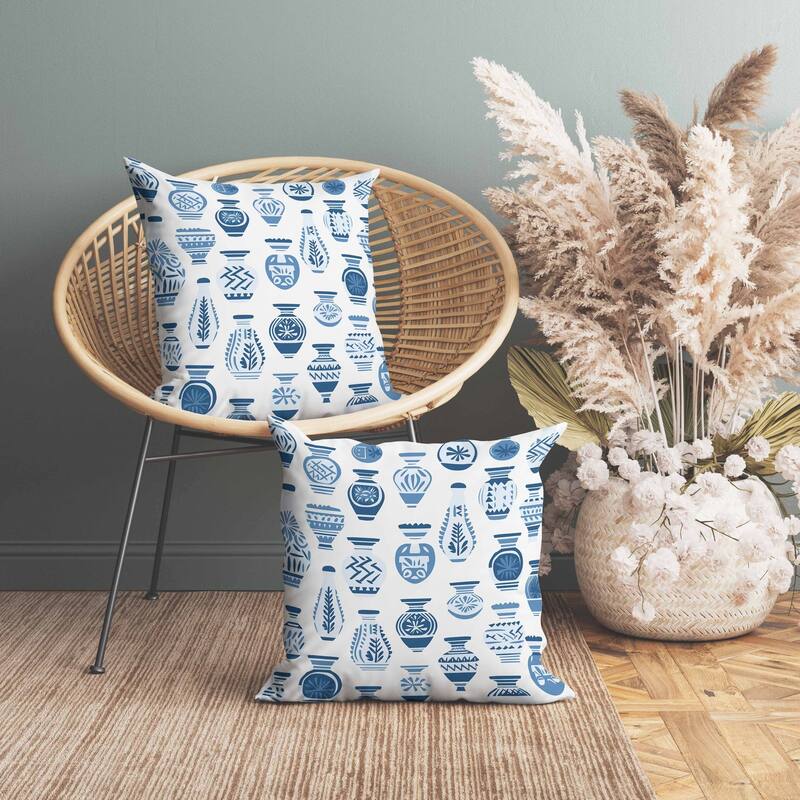 Mystical Pottery Indoor/Outdoor Reversible Throw Pillow White and Blue