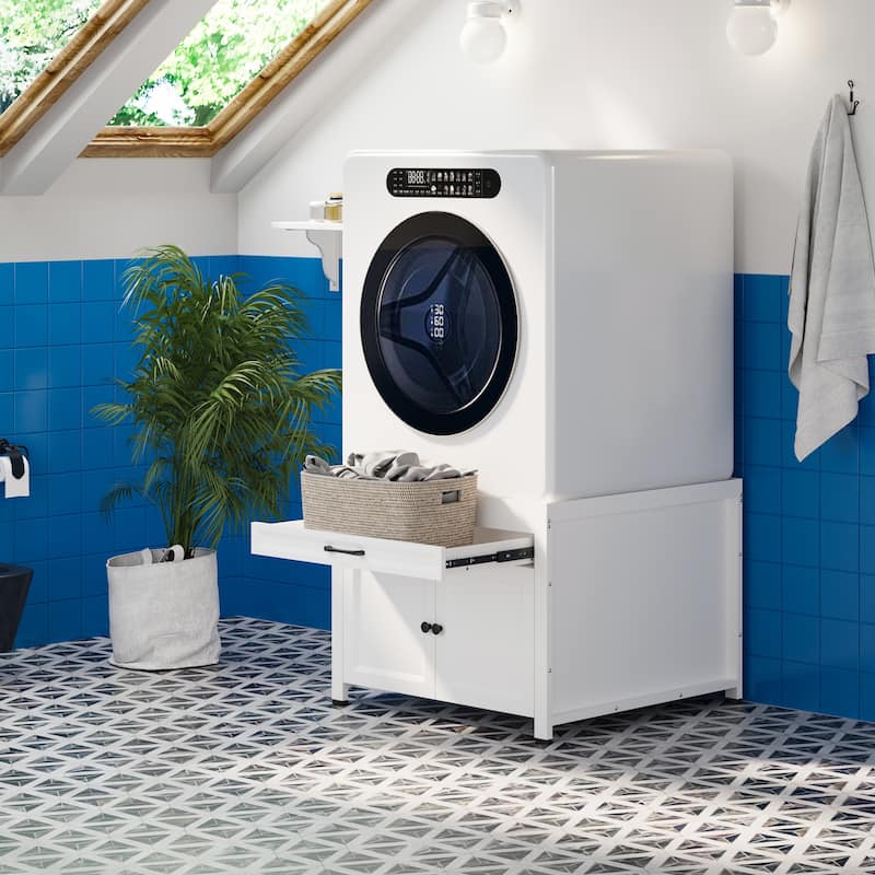 Versatile White Washer Cabinet & Bathroom Cabinet：Spacious Countertop and Storage