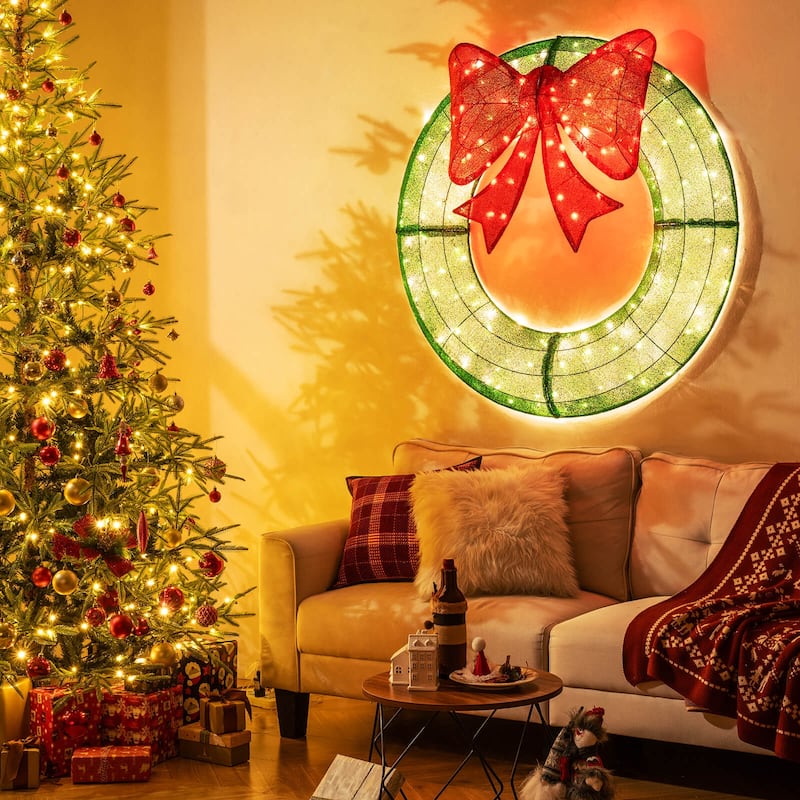 Costway 48 Inch Pre-Lit Christmas Wreath with 200 LED Lights Red Bow - See Details