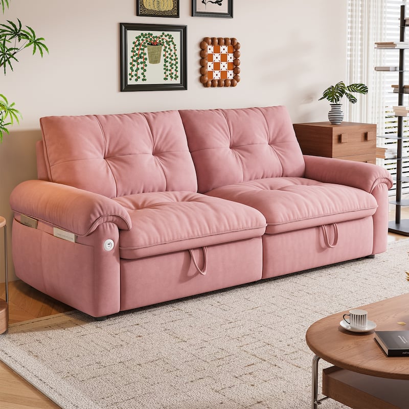 2-in-1 Velvet Pull Out Sleeper Sofa Bed Convertible Loveseat Couch for Sitting, Napping or Sleeping with Side Pockets and USB - Pink