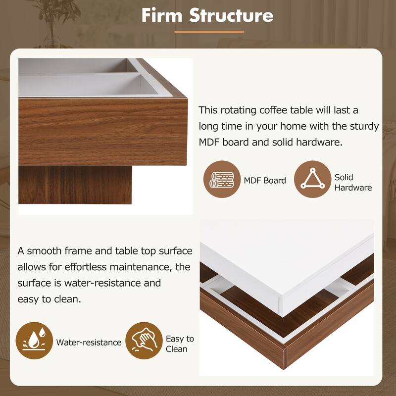 Square Rotating Coffee Table with Three Detachable Tray, 2-Tier Wood Center Table with Storage for Living Room Home Office