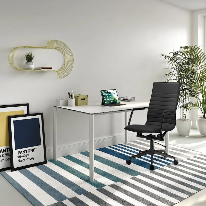 High-Back Desk Office Chair, Ribbed PU Leather Ergonomic Swivel Chair with Arms & Wheels, Adjustable Rolling Computer Desk Chair