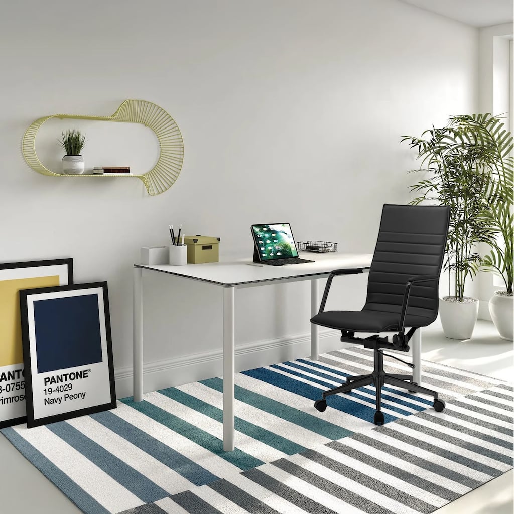 Modern High Back Office Chair With Padded Arms Ribbed PU Leather Tilt Swivel Adjustable For Conference Room Task Work Computer