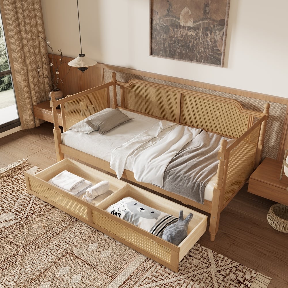 Rattan Frame Daybed with Pull-out Storage Drawers Bookcase Bed - Wooden Sofa Bed with Trundle Bed Platform Bedframe - Open Bed