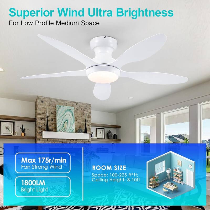 46" Modern Flush Mount Ceiling Fan with LED Light and Remote APP Control Reversible DC Motor for Living Room Bedroom - 46 Inches