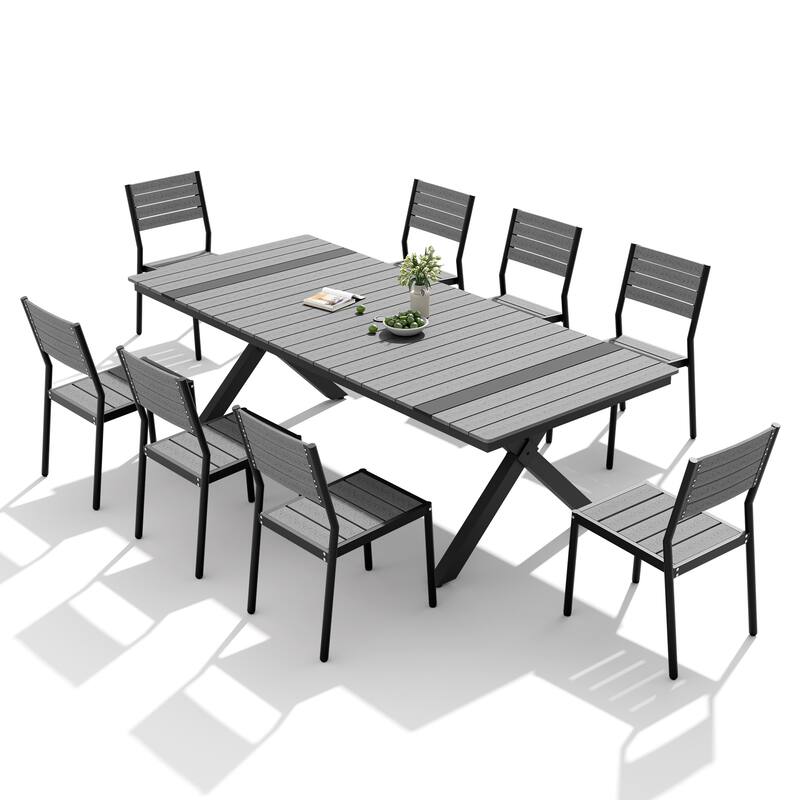 9PC Outdoor Patio Aluminum Dining X Frame Table and Stackable Chairs Set with Umbrella Hole
