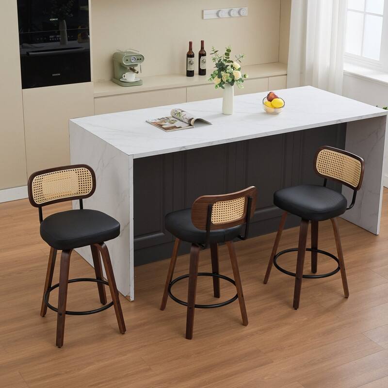 Grondin Swivel Counter Height Bar Stools Set, Rattan Backrest and PU Leather Upholstery Seat Counter Stools for Kitchen Island