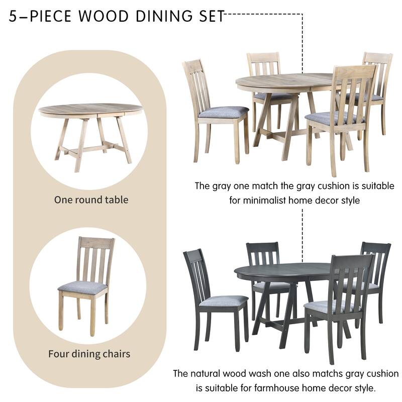 Practical Round Extendable Dining Table with 4 Dining Chairs, 5-Piece Wood Dining Table and Chairs Set for 4