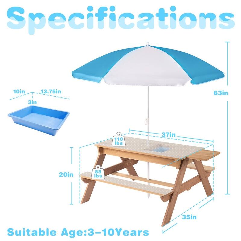 3-in-1 Kids Outdoor Wooden Picnic Table With Umbrella, Convertible Sand & Water