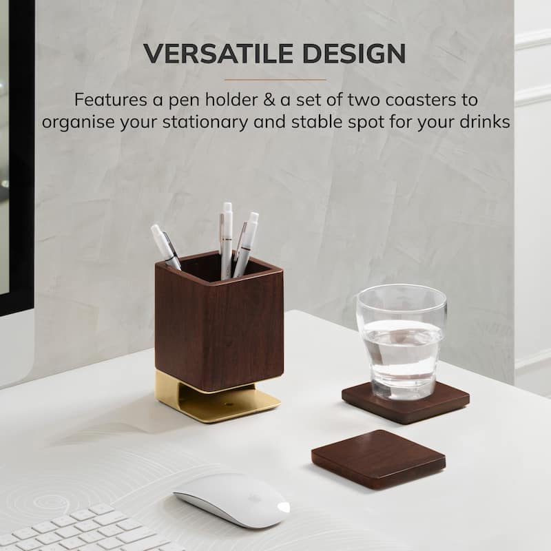 Jani Wooden Pen Cup Holder with 2 Coasters - Stained Mango Wood & Powder-Coated Metal Organizer for Home, Office & Living Spaces