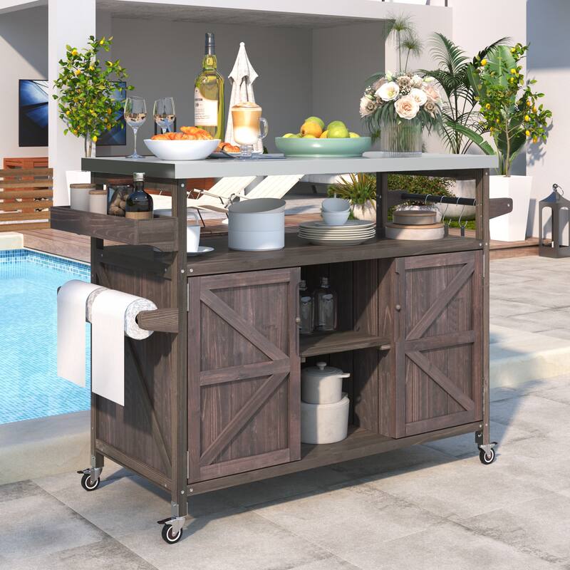 Chichoice Farmhouse Outdoor Kitchen Island with Stainless Steel Top on Wheels - Rolling Grill Cart with Storage for BBQ - N/A