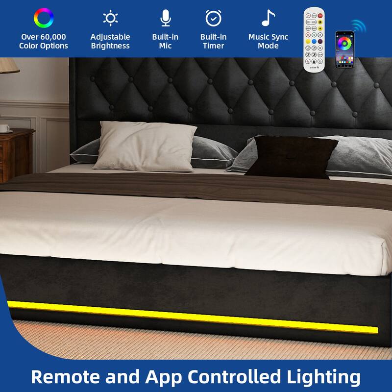 Moasis Queen Size Velvet Upholstered Bed Frame with 4 Storage Drawers & RGB Lights