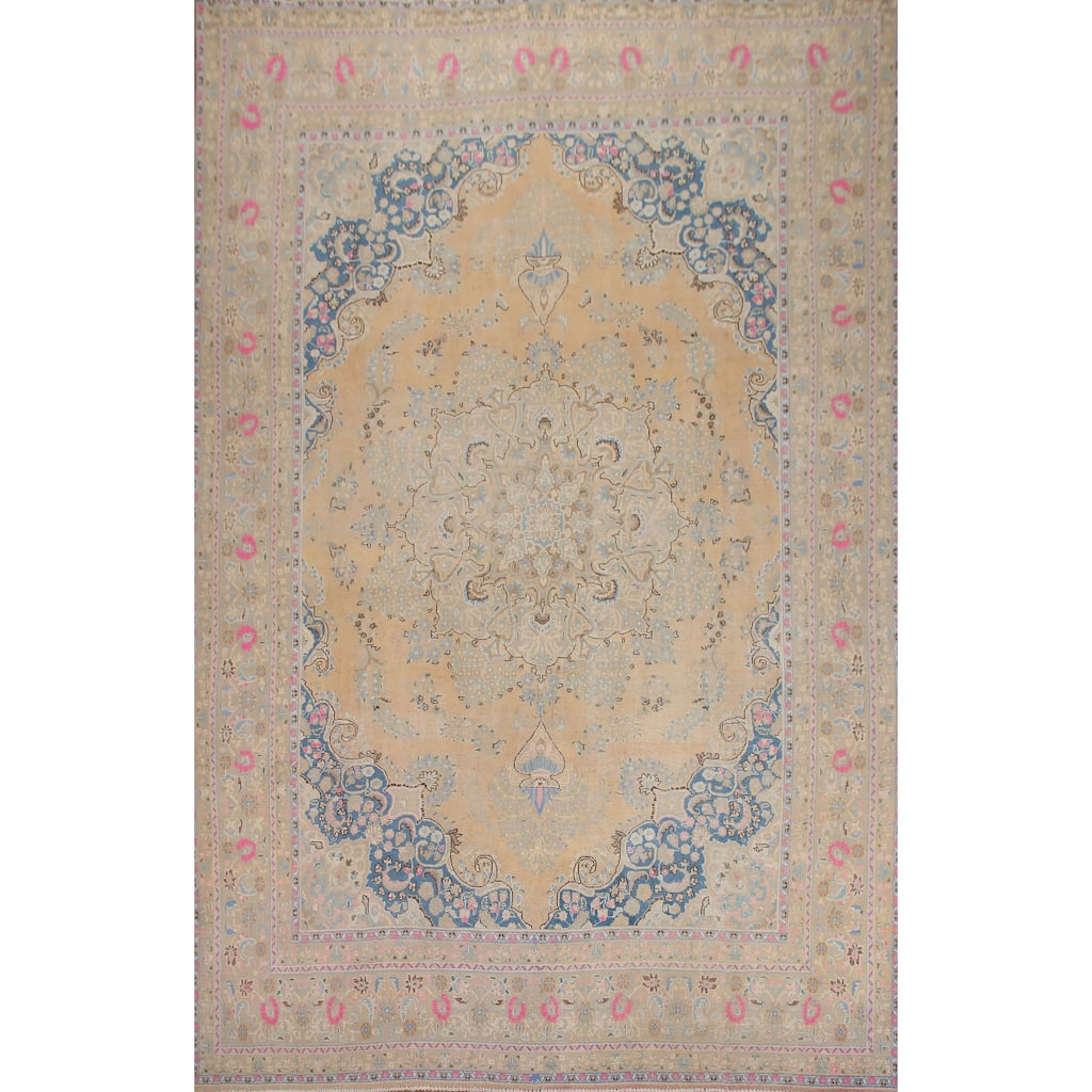Hand Knotted Oriental 100% Wool Carpet Traditional Floral Peach Tabriz Area Rug - 12' 6'' X 9' 6''