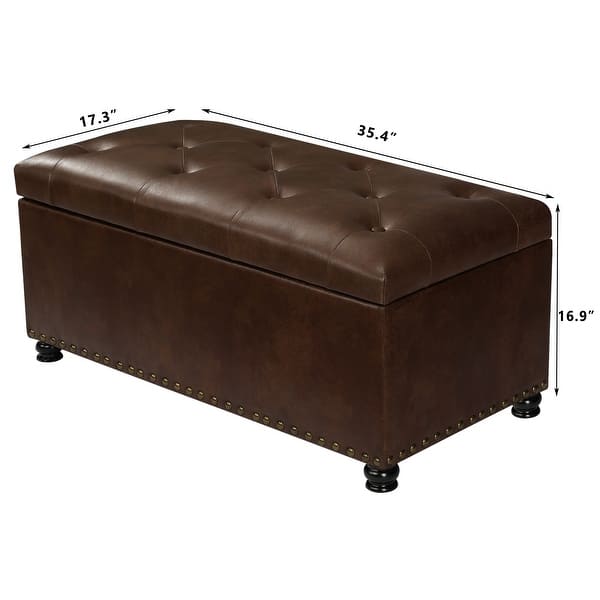 dimension image slide 5 of 7, Adeco 35" Storage Ottoman Tufted Faux-Leather Lifted Top Bench